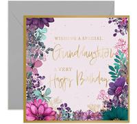Bellissimo biglietto di compleanno per nipote, splendido design con fiori viola, biglietto quadrato, interno bianco con busta