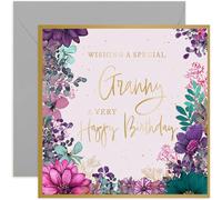 Bellissimo biglietto di compleanno per nonna, splendido design con fiori viola, biglietto quadrato, interno bianco con busta