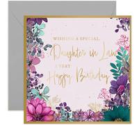 Bellissimo biglietto di compleanno per nuora, splendido design con fiori viola, biglietto quadrato, interno bianco con busta