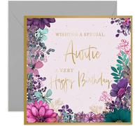 Bellissimo biglietto di compleanno per zia, splendido design con fiori viola, biglietto quadrato, interno bianco con busta