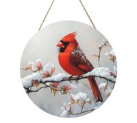 Bellissimo cartello di benvenuto in legno con uccellino rosso, per porta d'ingresso, 30 cm, rotondo, da appendere, decorazione per casa colonica