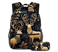 Bellissimo cervo per tornare a scuola con il nostro set zaino e astuccio per ragazzi, ragazze e adolescenti, Multicolore#02, B：29.4x20x40cm P：19x7.5x3.8cm, Zaini Daypack