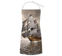 Bellissimo grembiule da cucina con bavaglino e tasca frontale, cinturino regolabile, raffigurante una nave pirata che galleggia sull'oceano al tramonto nuvoloso, ideale per cucinare, cuocere al forno