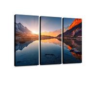 Bellissimo paesaggio con alte montagne con cime illuminate, stampa di pietre su tela arte murale fotografia moderna decorazione per la casa modello unico allungato e incorniciato 3 pezzi