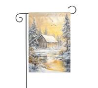 Bellissimo paesaggio innevato con vecchio fienile bandiera giardino 30x45cm verticale double face fattoria vacanze decorazioni esterne bandiera cortile