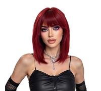 Bellissimo Parrucche Bob corte e diritte for donna Parrucca sintetica rosso vino bordeaux con frangia resistente al calore
