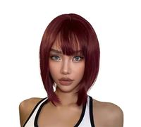 Bellissimo Parrucche sintetiche Bob corte Parrucca diritta rosso vino bordeaux con frangia resistente al calore