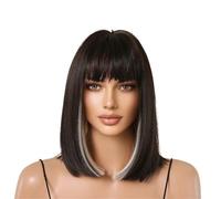 Bellissimo Parrucche sintetiche corte nere con riflessi bianchi frangia Parrucca in fibra resistente al calore Cosplay