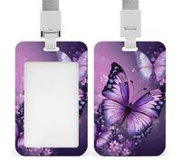 Bellissimo porta badge con motivo a farfalla viola, con fessura push-pull e cordino, porta badge verticale in plastica impermeabile, portadocumenti da viaggio portatile, protezione per carte staccabil