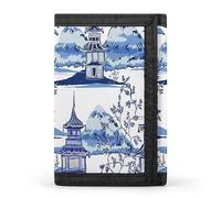 Bellissimo portafoglio a tre ante vintage con inchiostro blu raffigurante pagode cinesi, montagne e alberi, elegante borsa con portachiavi, porta carte di credito per scontrini, ricevute, donne e uomi