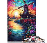 Bellissimo puzzle di una città con mulino a vento, sfida difficile, puzzle in cartone riciclato al 100% per bambini e adulti, regali di Halloween, 1000 pezzi (75x50 cm)