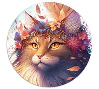 Bellissimo puzzle rotondo da 1000 pezzi raffigurante un gatto con fiori, per adulti, ideale come decorazione per la casa, Natale e Capodanno per adolescenti, 67,5x67,5 cm.