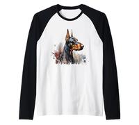Bellissimo Ritratto ad Acquerello Doberman Pinscher Maglia con Maniche Raglan