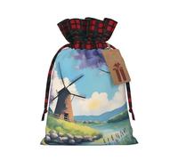 Bellissimo sacchetto in iuta con coulisse in tessuto scozzese e etichetta in carta kraft, borsa leggera e resistente