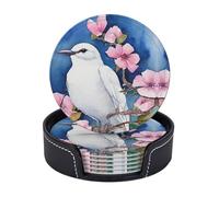 Bellissimo set di 6 sottobicchieri rotondi in ecopelle con motivo cacatua e fiori, con supporto, impermeabili, resistenti al calore e antiscivolo, ideali per proteggere il tavolo, la cucina, la sal