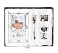 Bellissimo set regalo per battesimo placcato in argento, 4 pezzi, include portauovo, cucchiaio, cornice per foto del bambino, portatovaglioli in confezione regalo