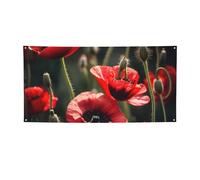 Bellissimo striscione per feste con stampa di papaveri rossi, cartello di compleanno a tema Capodanno o festa di Natale.