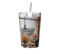 Bellissimo thermos con paglia conica stampata con piloni in lontananza, tazza termica con cannuccia, perfetta per l'uso in palestra o da portare con te