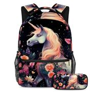 Bellissimo unicorno per tornare a scuola con il nostro set zaino e astuccio per ragazzi, ragazze e adolescenti, Multicolore#05, B：29.4x20x40cm P：19x7.5x3.8cm, Zaini Daypack