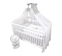Bello24 - 13 Teiliges Babybett Kinderbett und Bettwäsche komplett Set Timmi inkl. Matratze höhenverstellbar für Neugeborene Babys und Kleinkinder aus Massivholz (Grau - Teddybär Mond)**