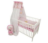 Bello24 - Set completo di 12 pezzi per culla e lettino HAPPY regolabile in altezza per neonati e bambini in legno massiccio con fantastici motivi e colori (Rosa - Orsacchiotto su scala)