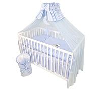 Bello24 - Set completo di 13 pezzi per culla e lettino Happy Leo incl. materasso regolabile in altezza per neonati e bambini in legno massiccio ricamato (orsetto blu luna)