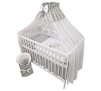 Bello24 - Set completo di 13 pezzi per culla e lettino Happy Leo incl. materasso regolabile in altezza per neonati e bambini in legno massiccio (Elefanti - Grigio)