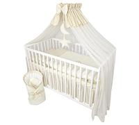 Bello24 - Set completo di 13 pezzi per culla e lettino Happy Leo incl. materasso regolabile in altezza per neonati e bambini in legno massiccio ricamato (Teddy Bear Moon Light Beige)