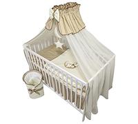 Bello24 - Set completo di 13 pezzi per culla e lettino Happy Leo incl. materasso regolabile in altezza per neonati e bambini ricamato (Orsetto luna beige scuro)