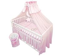 Bello24 - Set completo di 13 pezzi per culla e lettino Happy Leo incl. materasso regolabile in altezza per neonati e bambini in legno massiccio ricamato (Orsetto Luna Rosa)