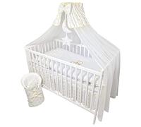 Bello24 - Set completo di 13 pezzi per culla e lettino Timmi incl. materasso regolabile in altezza per neonati e bambini in legno massiccio ricamato (orsetto luna stelle dorate)