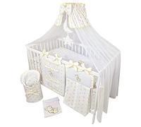 Bello24 - Set completo di 16 pezzi per culla e lettino Happy Leo incl. materasso regolabile in altezza per neonati e bambini in legno massiccio (orsetto luna stelle dorate)
