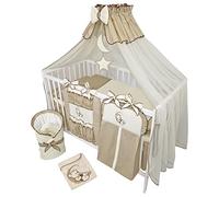 Bello24 - Set completo di 16 pezzi per culla e lettino TIMMI incl. materasso regolabile in altezza per neonati e bambini in legno massiccio orsetto luna beige scuro