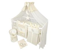 Bello24 - Set completo di 16 pezzi per culla e lettino TIMMI incl. materasso regolabile in altezza per neonati e bambini in legno massiccio (orsetto luna beige chiaro)