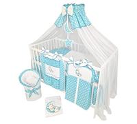 Bello24 - Set completo di 16 pezzi per culla e lettino TIMMI incl. materasso regolabile in altezza per neonati e bambini in legno massiccio (orsetto luna azzurro)