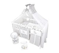 Bello24 - Set completo di 16 pezzi per lettino e biancheria da letto Timmi incluso materasso regolabile in altezza per neonati e bambini piccoli in legno massello (Grigio - Orsacchiotto Luna)