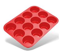 Belmalia Teglia per Muffin, Silicone, 33 x 25 x 3 cm, 12 Stampi, Rivestimento Antiaderente Cupcake Brownie Budino Rosso