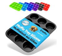 Belmalia Teglia per Muffin, Silicone, 33 x 25 x 3 cm, 12 Stampi, Rivestimento Antiaderente Cupcake Brownie Budino Nero