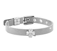 Beloved Bracciale da donna, braccialetto acciaio e cristalli con cinturino semirigido tipo orologio e chiusura a fibbia, lunghezza regolabile con charm (Quadrifoglio)