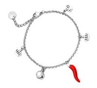Beloved Bracciale da donna con cornetto rosso portafortuna, campanellino e charm a tema - in acciaio inossidabile - misura regolabile