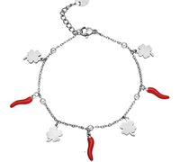 Beloved ❤️ Bracciale in acciaio con cornetti portafortuna e charms quadrifoglio - lunghezza regolabile - in acciaio inossidabile anallergico - silver (Colore Silver, Quadrifogli)