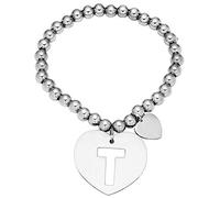 Beloved Braccialetto da donna con ciondoli a cuore e lettera traforata - gioiello con inizale in acciaio inossidabile - adattabile a tutti i polsi - maglia elasticizzata (T)