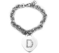 Beloved Braccialetto donna con cristalli in acciaio con lettera - bracciale con iniziale charm cuore e cristalli argento - alfabeto - misura regolabile, nascita, anniversario, idea regalo (D)