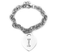 Beloved Braccialetto donna con cristalli in acciaio con lettera - bracciale con iniziale charm cuore e cristalli argento - alfabeto - misura regolabile, nascita, anniversario, idea regalo (I)