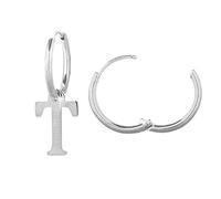 Beloved Orecchini da donna a cerchio in acciaio - Uno con iniziale e uno a cerchietto semplice - Per lobi forati - Chiusura a scatto (Silver Lettera T)