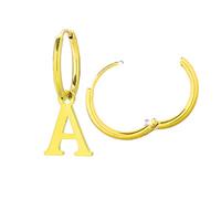 Beloved Orecchini da donna a cerchio in acciaio - Uno con iniziale e uno a cerchietto semplice - Per lobi forati - Chiusura a scatto (Gold Lettera A)