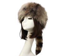 BELOWSYALER Cappello Invernale in Peluche con Coda di Procione, Cappello A Cilindro Piatto in Peluche per Adulti Unisex Cappello Mongolo Stile Carino con Coda di Procione Donna Adolescente