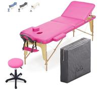 Beltom® Lettino Massaggio 3 Zone in Legno Dimensione 195/225 X 70 CM + Sgabello Regolabile in Altezza + Borsa per LETTINI Massaggi Portatile - Pannello Reiki - Angoli ARROTONDATI E RINFORZATI-Rosa