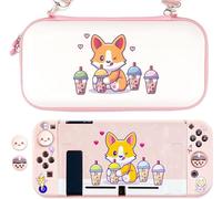 BelugaDesign Corgi Boba Switch Bundle | Custodia per animali domestici con simpatico cane kawaii Bubble Tea pastello, guscio con impugnature per pollice, compatibile con Nintendo Switch (interruttore