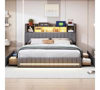 belupai 160 x 200 cm Letto matrimoniale imbottito con LED e USB, testiera imbottita con contenitore, telaio di letti con rete a doghe e 4 cassetti, letti matrimoniali per adulti e adolescenti, lino